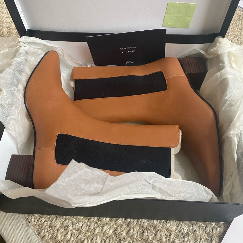 Leather high-shaft stacked-heel boots. Brand new, never worn. NWT